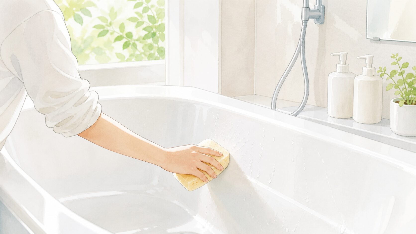 入浴後に浴槽の一部分を短時間で洗う様子のイメージイラスト