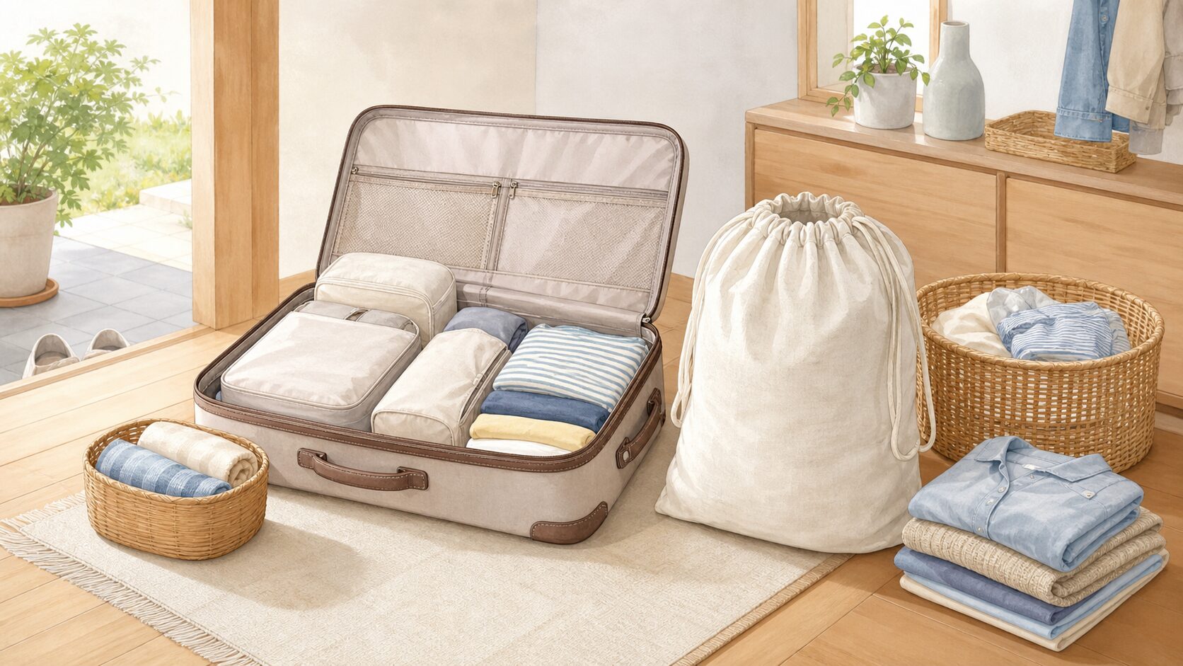 旅行中に着用済み衣類を未使用の服と分ける場面のイメージイラスト