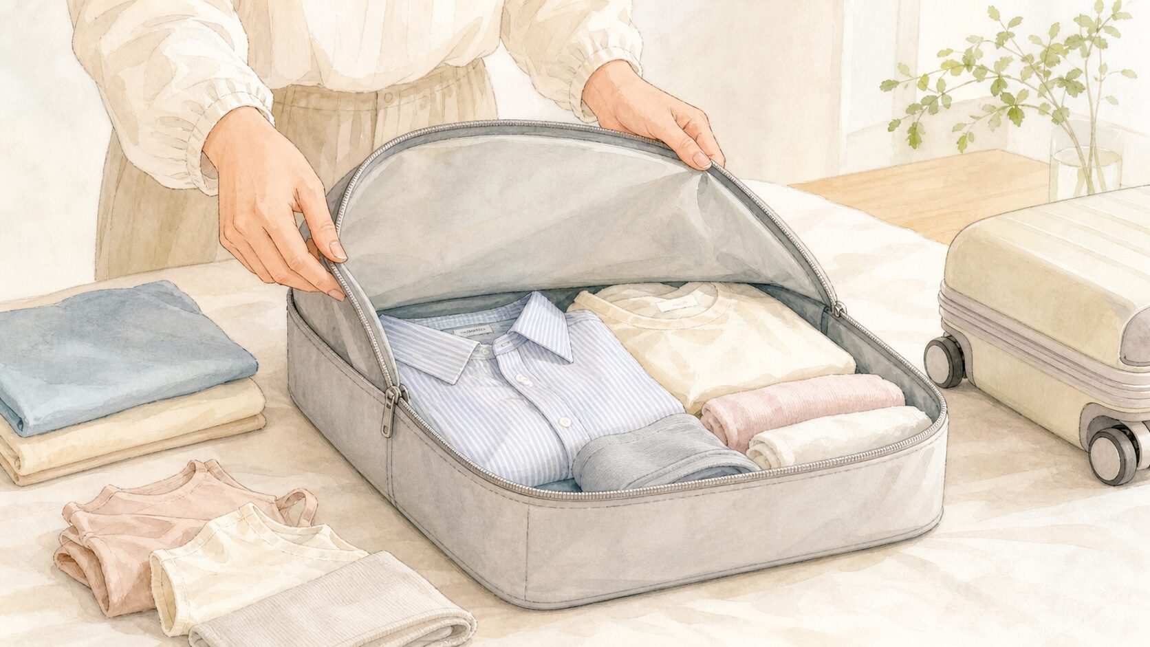 大きく開く仕分けケースから旅行後の衣類を取り出す場面のイメージイラスト