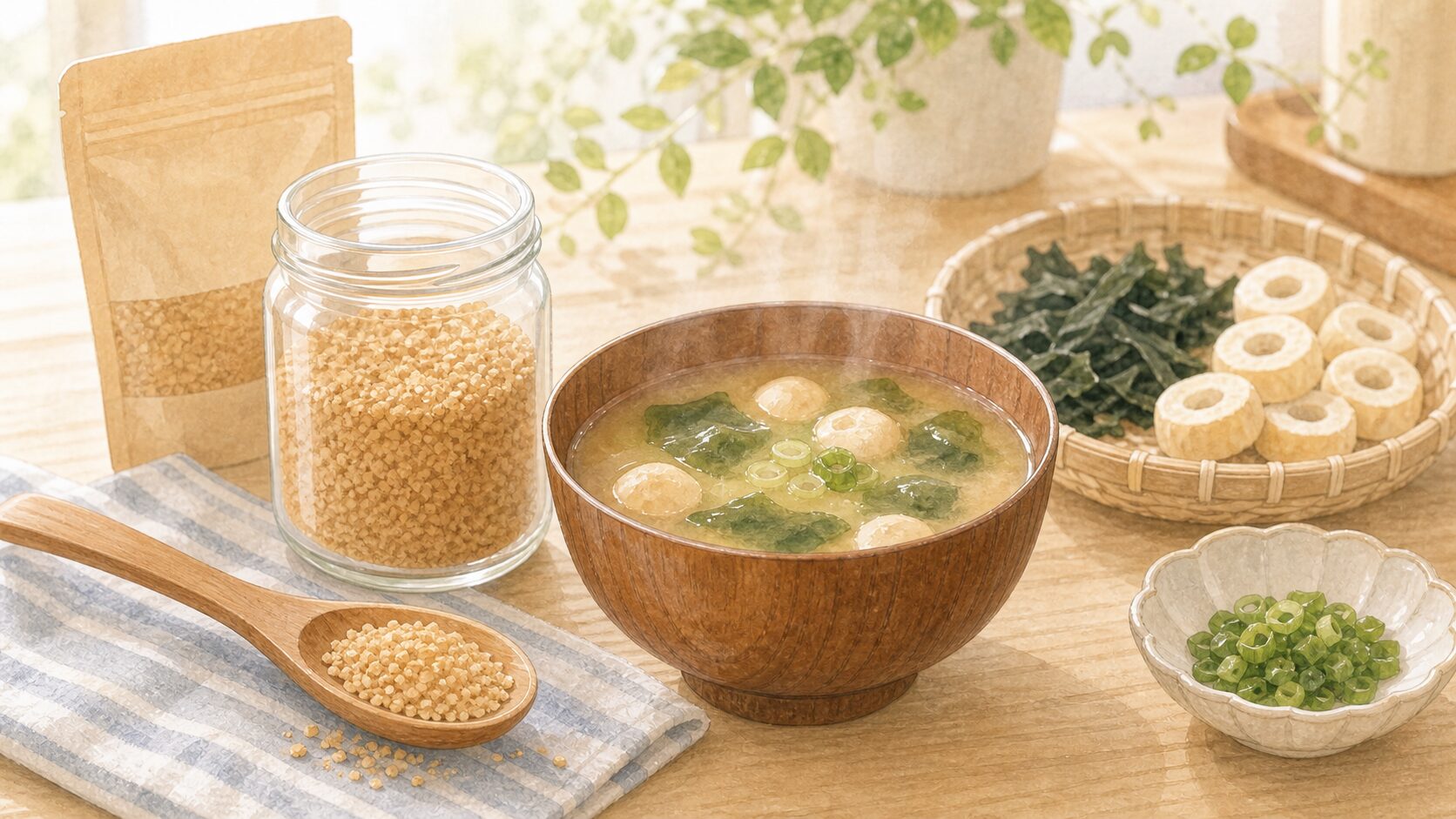 顆粒みそと味噌汁を明るいキッチンに並べたイラスト