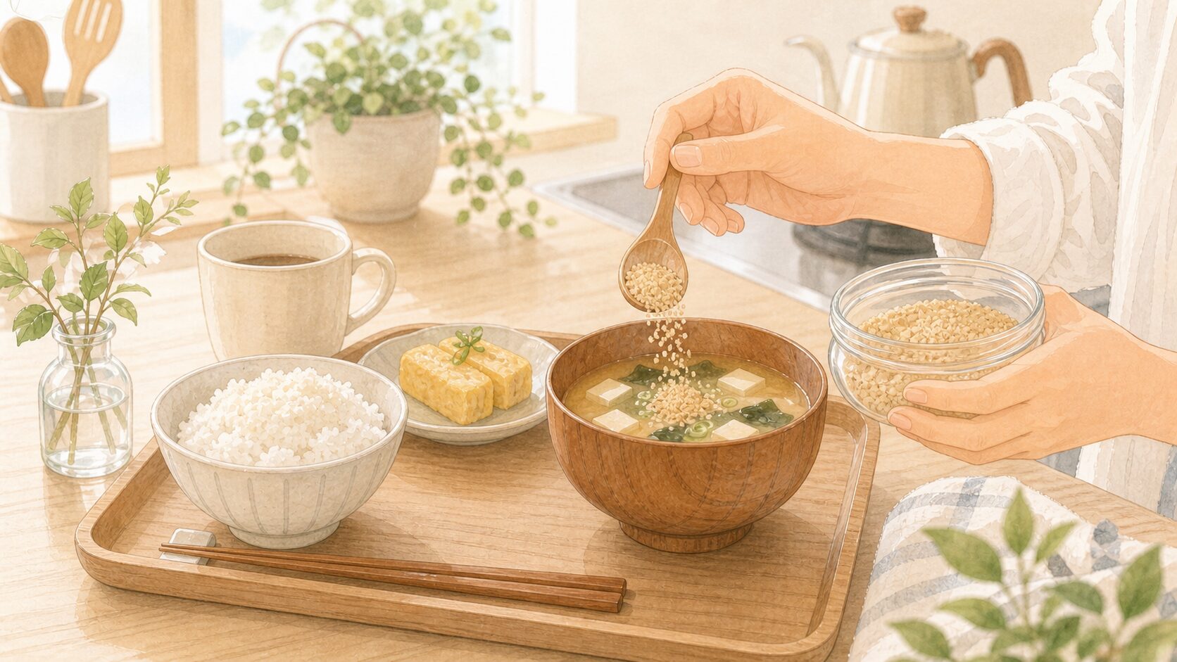 朝食用の味噌汁を一杯作るイメージイラスト
