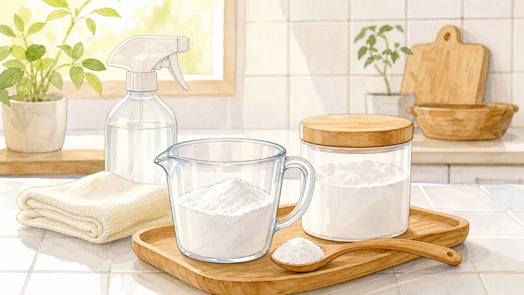 炭酸ソーダの製品表示を見ながら計量するイメージイラスト