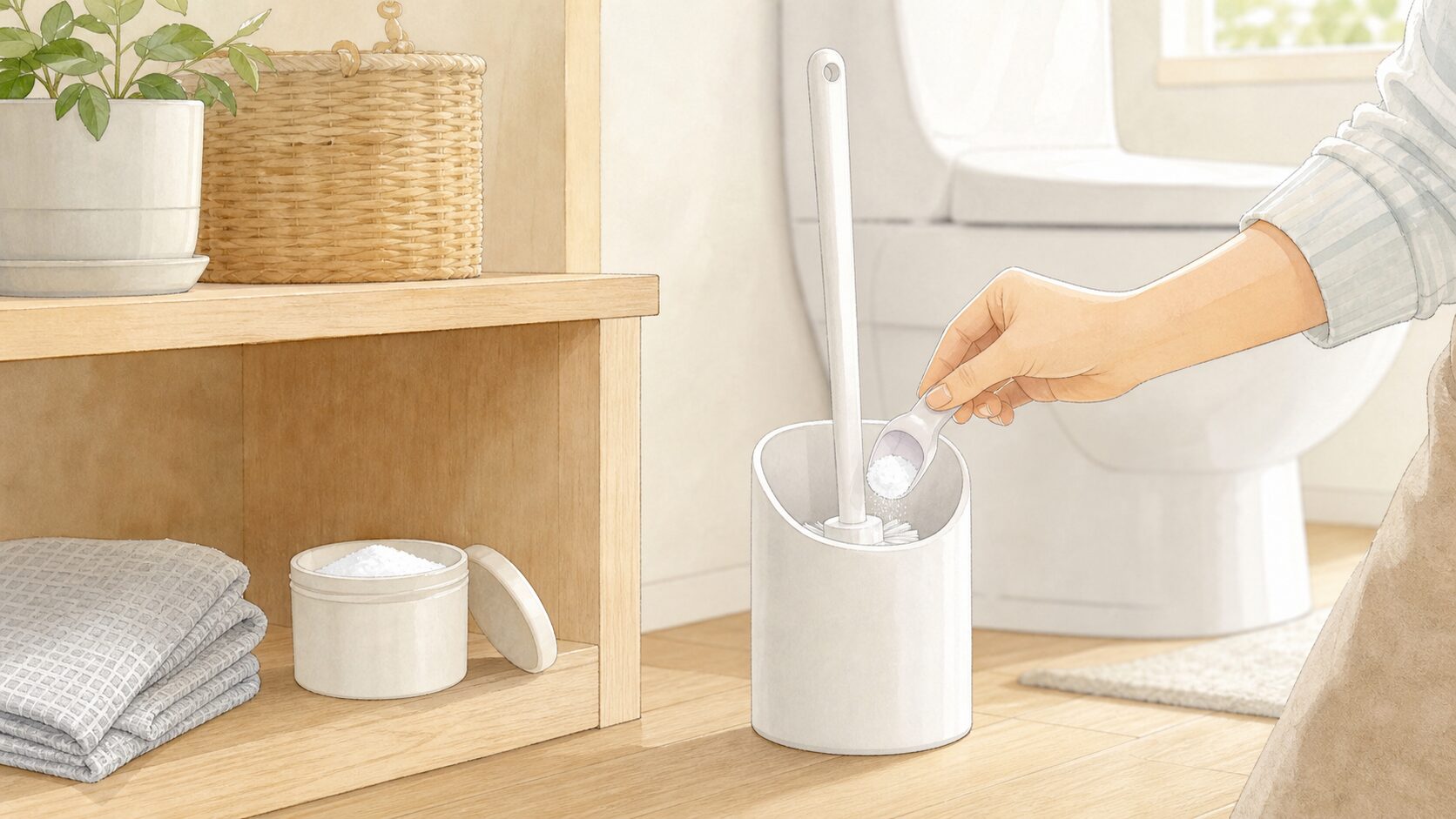 トイレブラシと重曹を別々に保管し表示を確認するイメージイラスト
