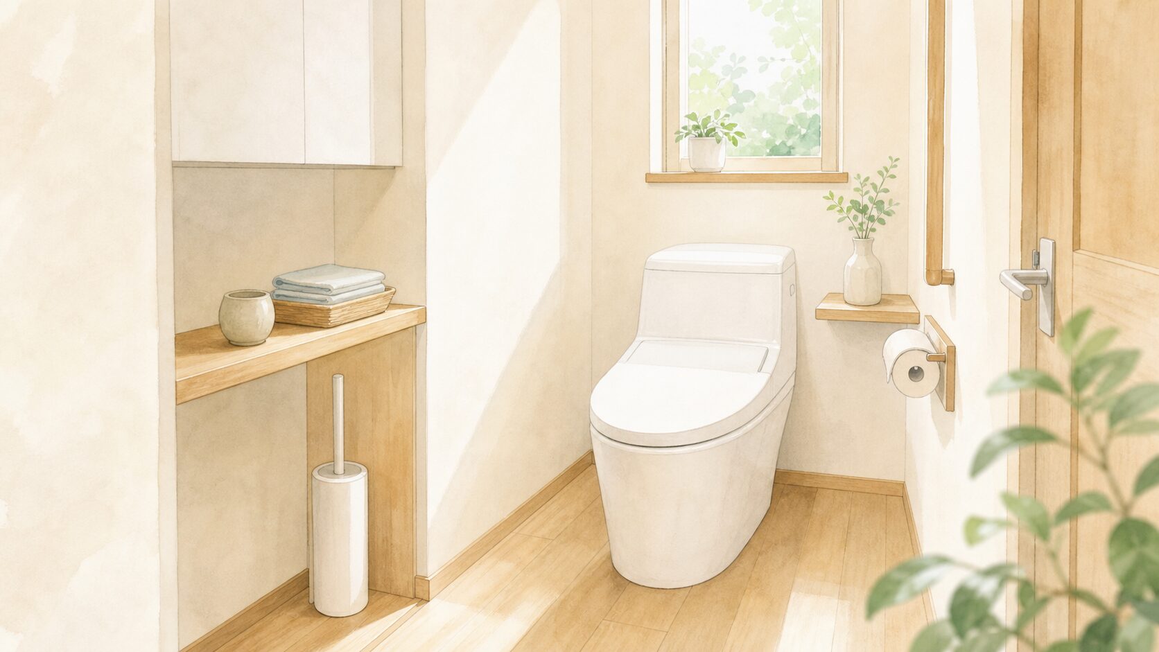 部位別に必要な物だけをそろえたトイレ掃除道具のイメージイラスト