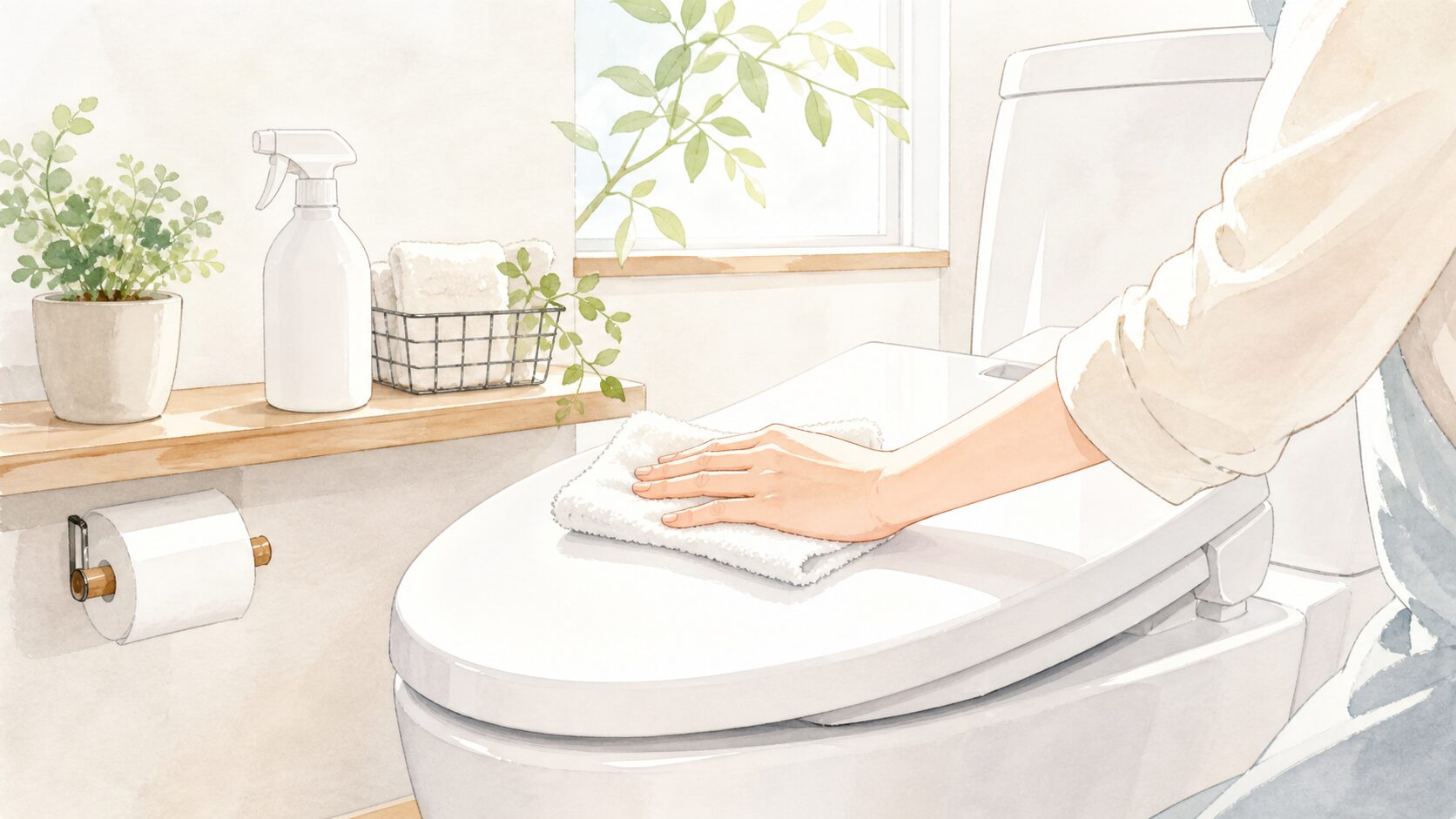 温水洗浄便座の説明書を確認して清潔な布で拭くイメージイラスト