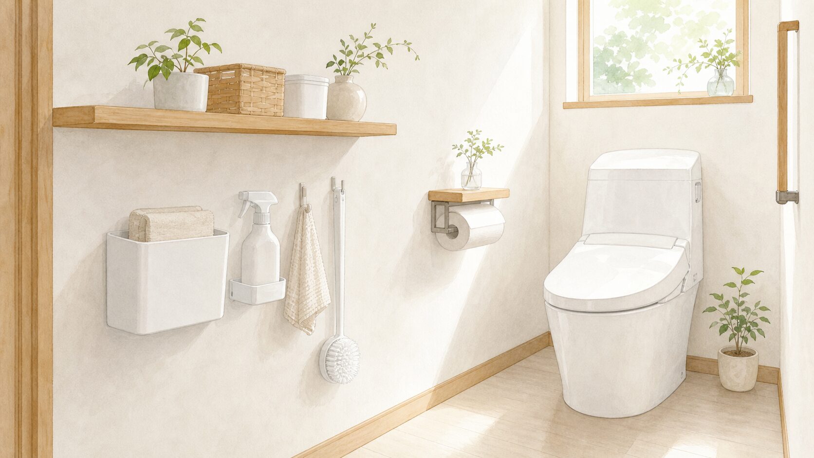 掃除道具の表示を見える向きで床から離して収納したトイレのイメージイラスト