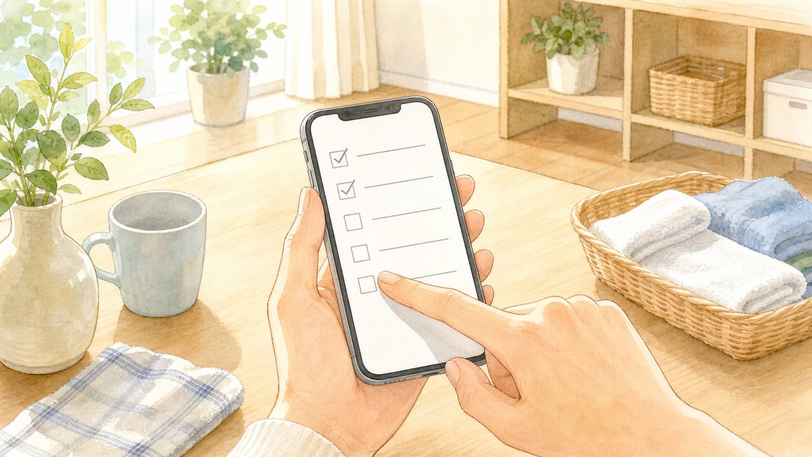 大掃除の完了項目にチェックを入れて次回のメモを残すイメージイラスト