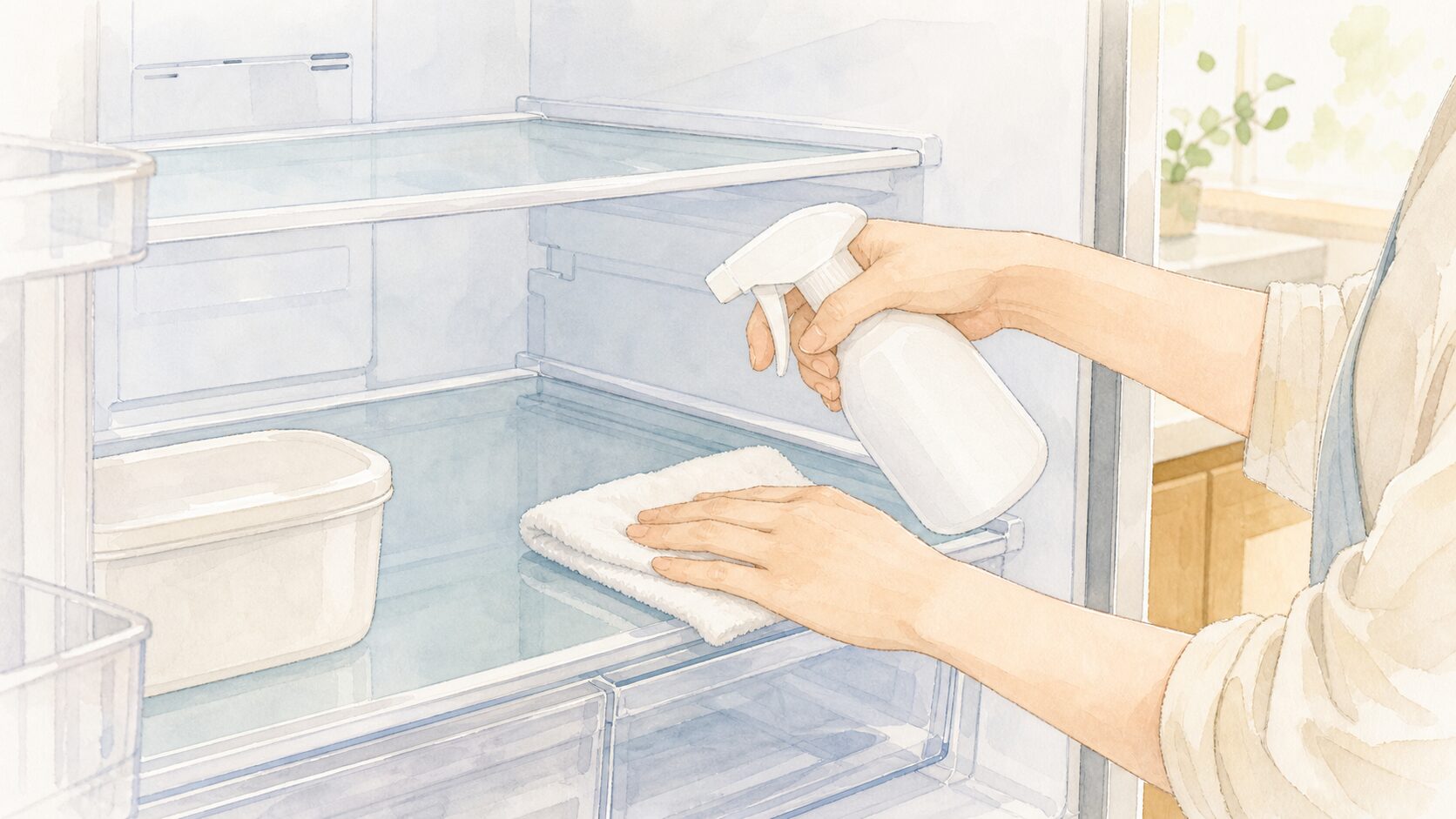 冷蔵庫の取扱説明書で使用できる清掃方法を確認する様子のイラスト