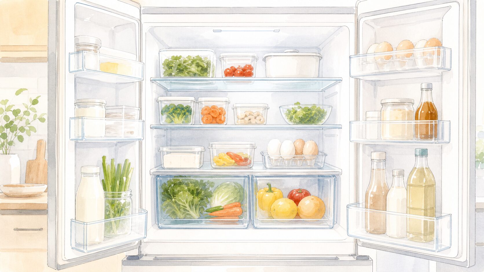 冷蔵庫内で先に使う食品を手前にまとめた整理例のイラスト