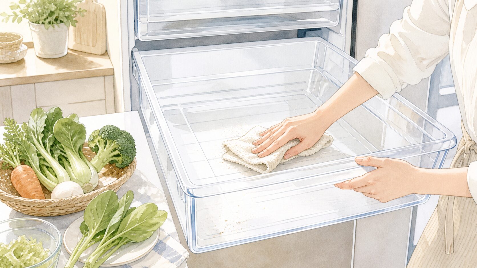 野菜室のくずを取り除いて柔らかい布で掃除する様子のイラスト