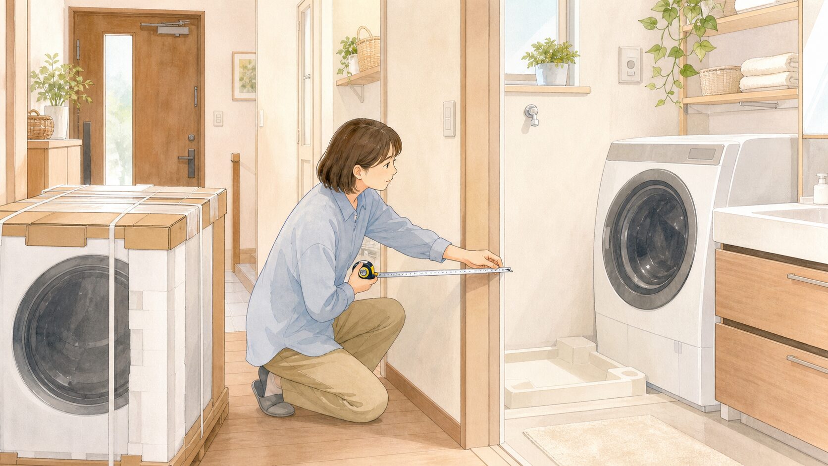 洗濯機置き場と搬入経路をメジャーで測るイメージイラスト