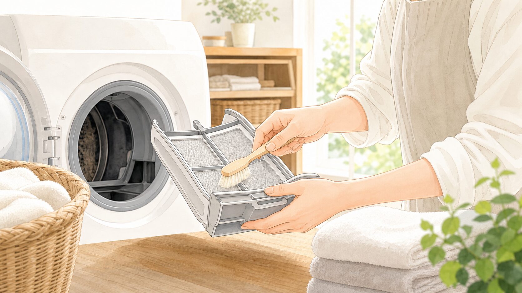 ドラム式洗濯乾燥機のフィルターを確認するイメージイラスト