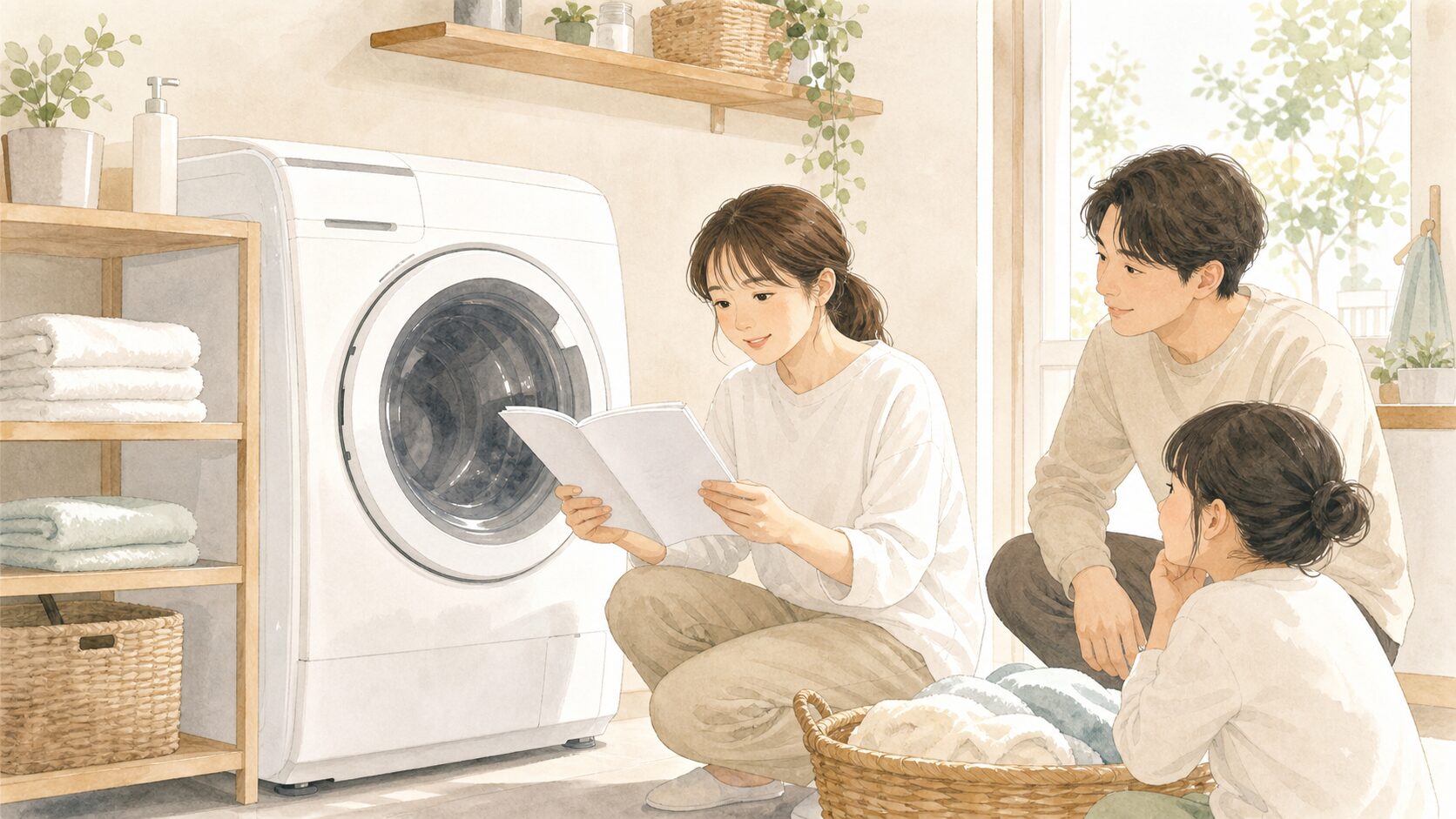 家族で洗濯乾燥機の説明書を確認するイメージイラスト
