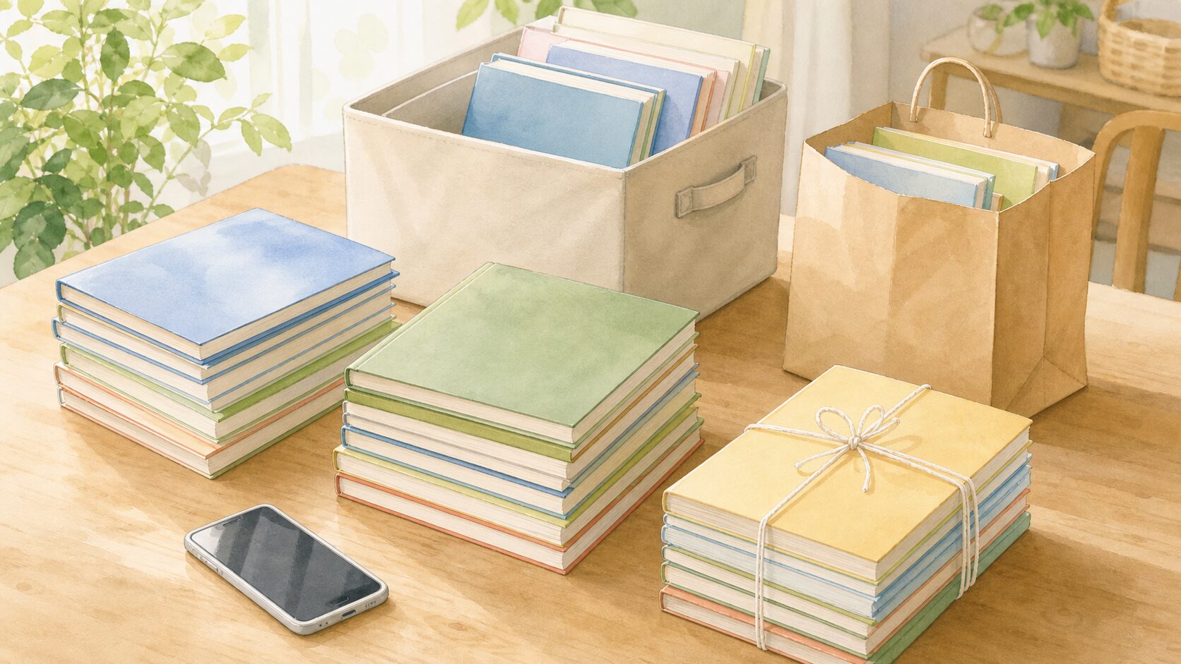 教科書を保管・売却・寄付・古紙回収に分ける選択肢のイメージイラスト