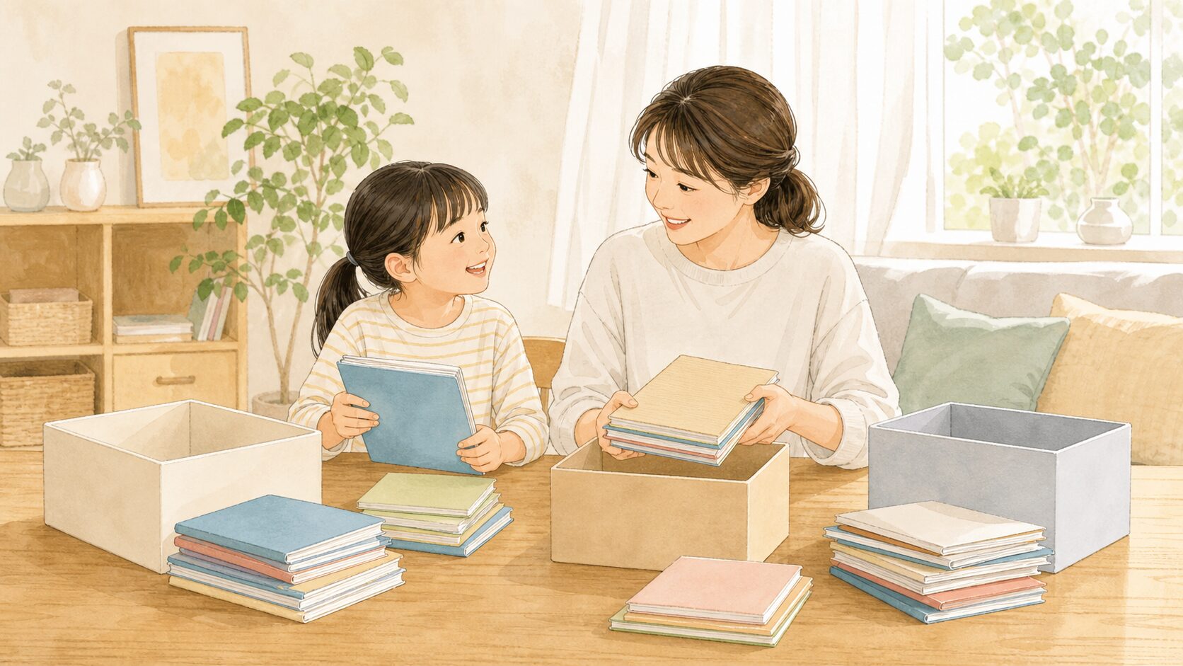 親子で古い教科書の状態と記名を確認しているイメージイラスト