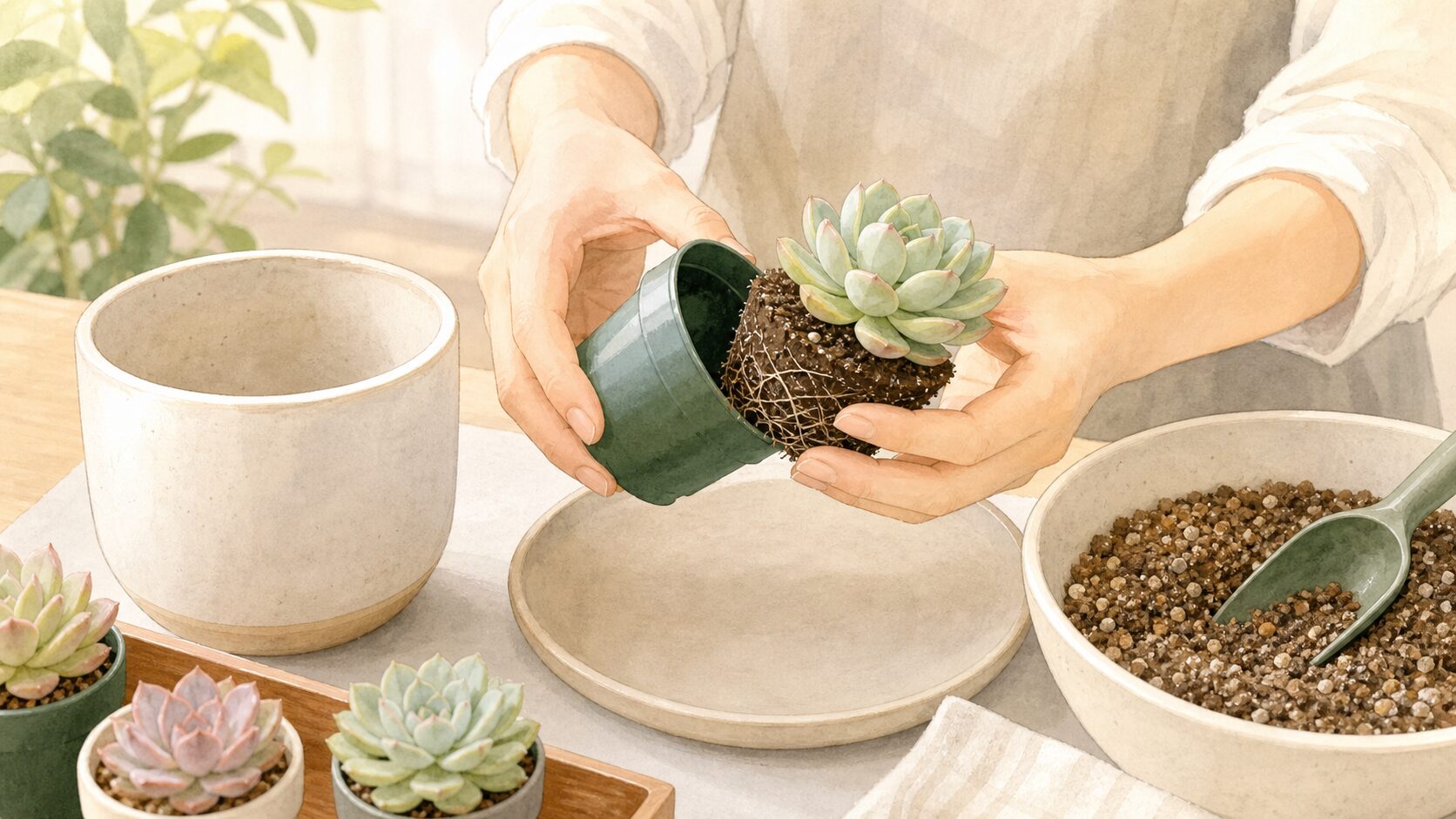 多肉植物の鉢底から出た根と植え替えサインを確認するイメージイラスト