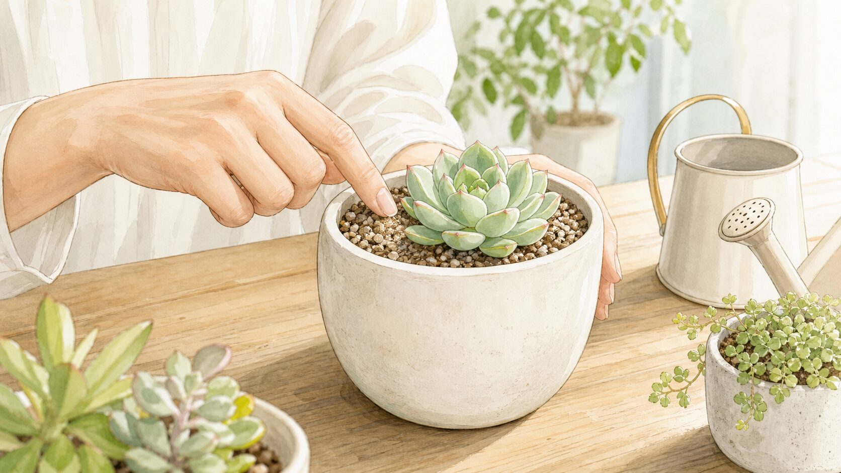 多肉植物へ水やりする前に土の乾きと鉢の重さを確認するイメージイラスト