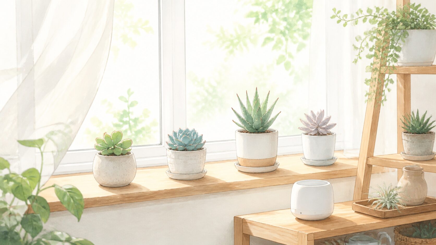 多肉植物を明るく風通しのよい窓辺へ少しずつ慣らすイメージイラスト