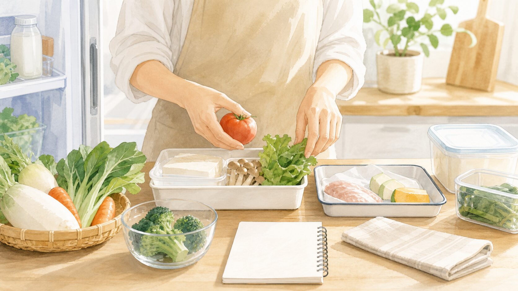 食材の状態を確認して無理なく使うものを分けるイラスト