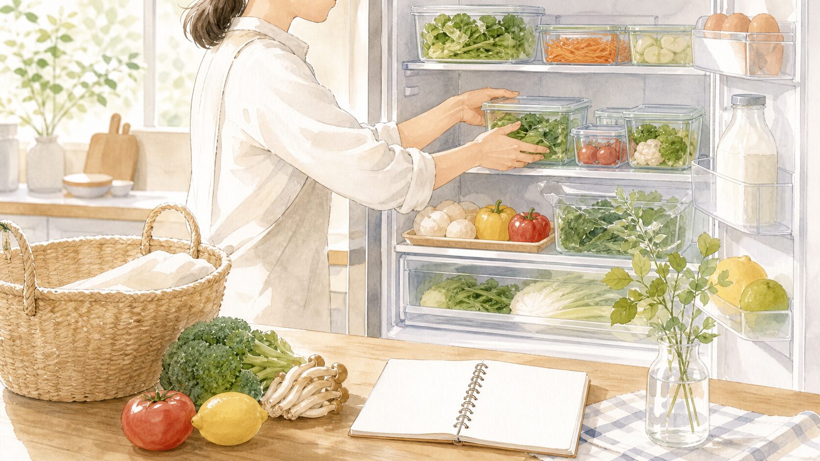買い物前に冷蔵庫の中を確認して食品ロスを減らすイラスト