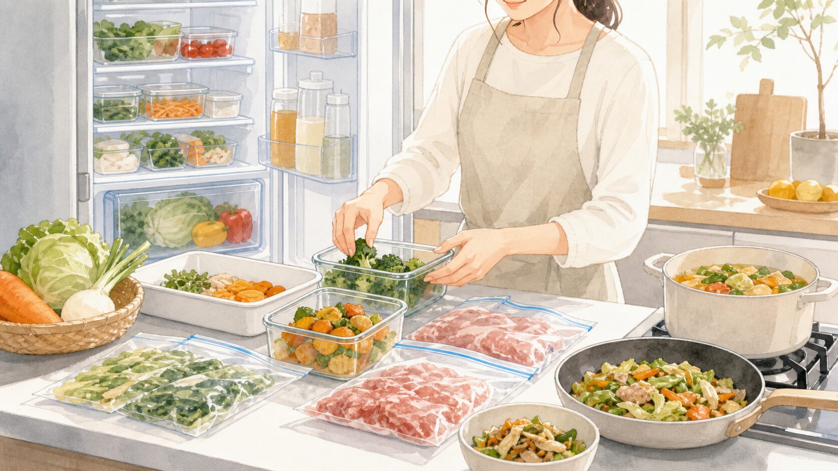 食材を保存容器に分けて余り物を料理に使い切るイラスト