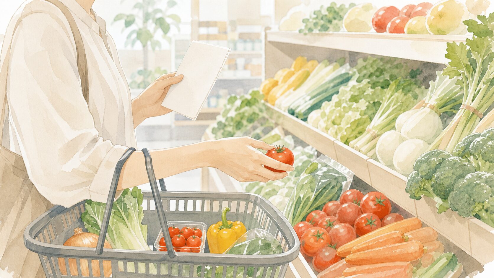 買い物メモを見ながら使い切れる量だけ野菜を選ぶイラスト