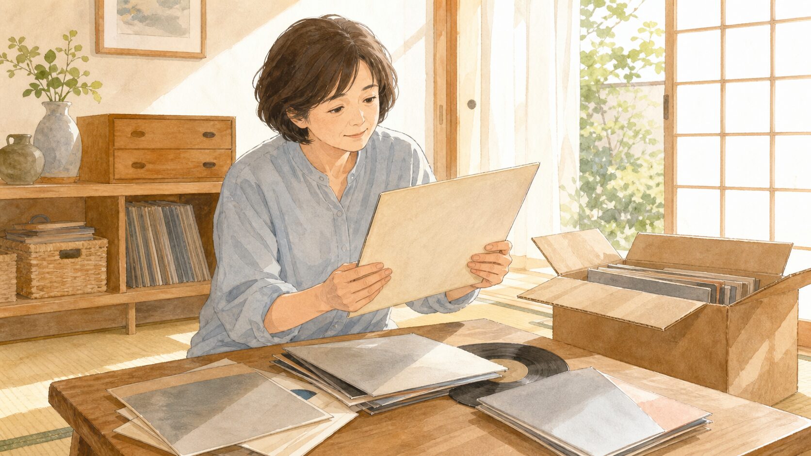 古いレコードの写真を家族と見ながら残す物を確認するイメージイラスト