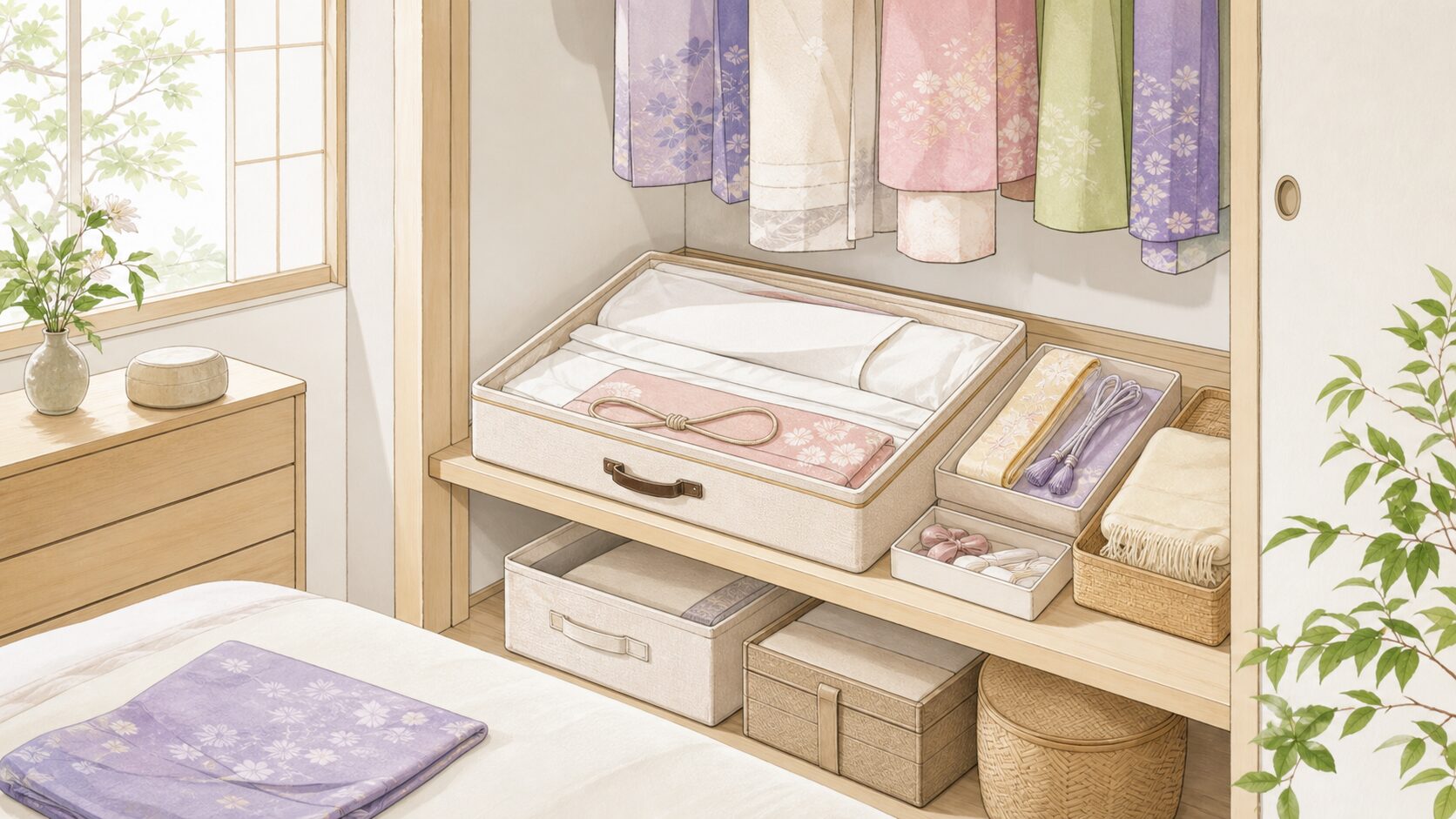 桐タンスがない住まいで着物をクローゼットに保管するイラスト
