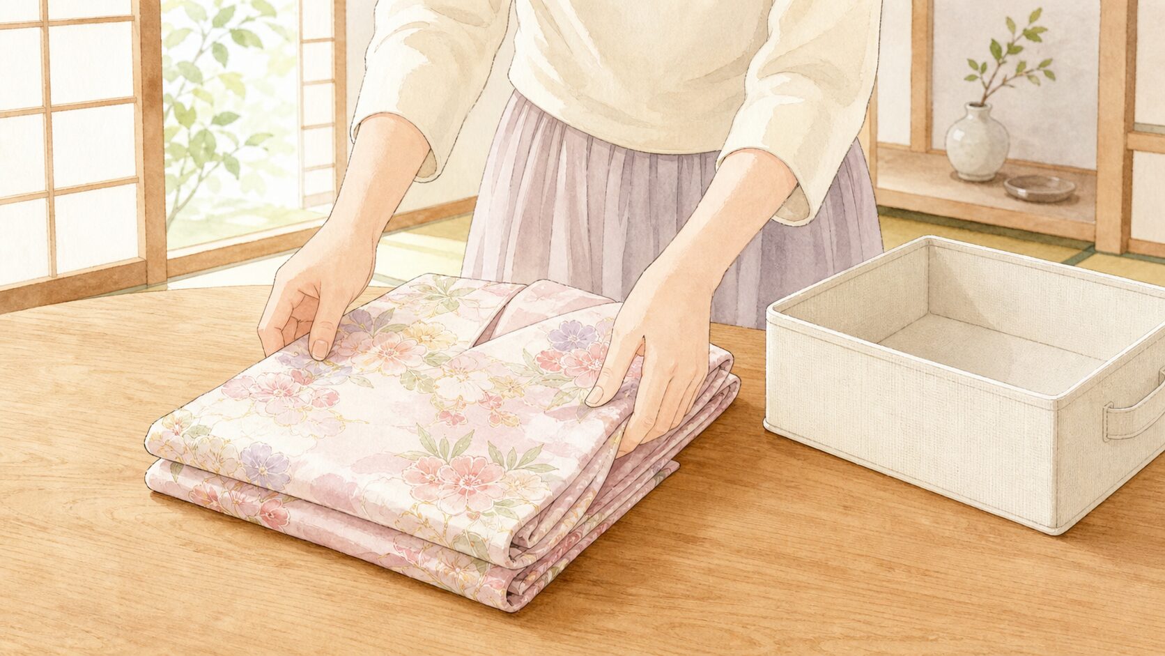 着物の基本の折り目を確認して平らにたとう紙へ包むイメージイラスト
