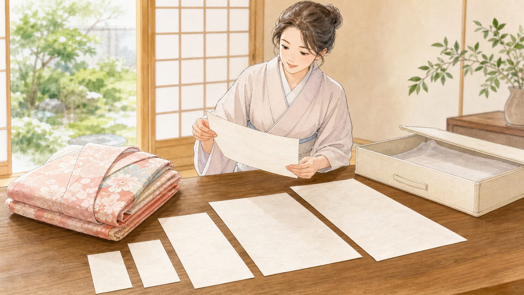 着物と帯に合うたとう紙の縦横を測る場面のイメージイラスト