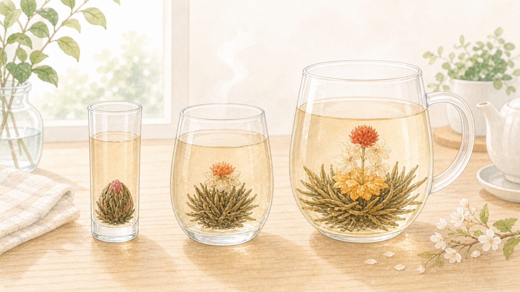 小さいグラスと大きい耐熱ポットを比べる工芸茶のイメージイラスト