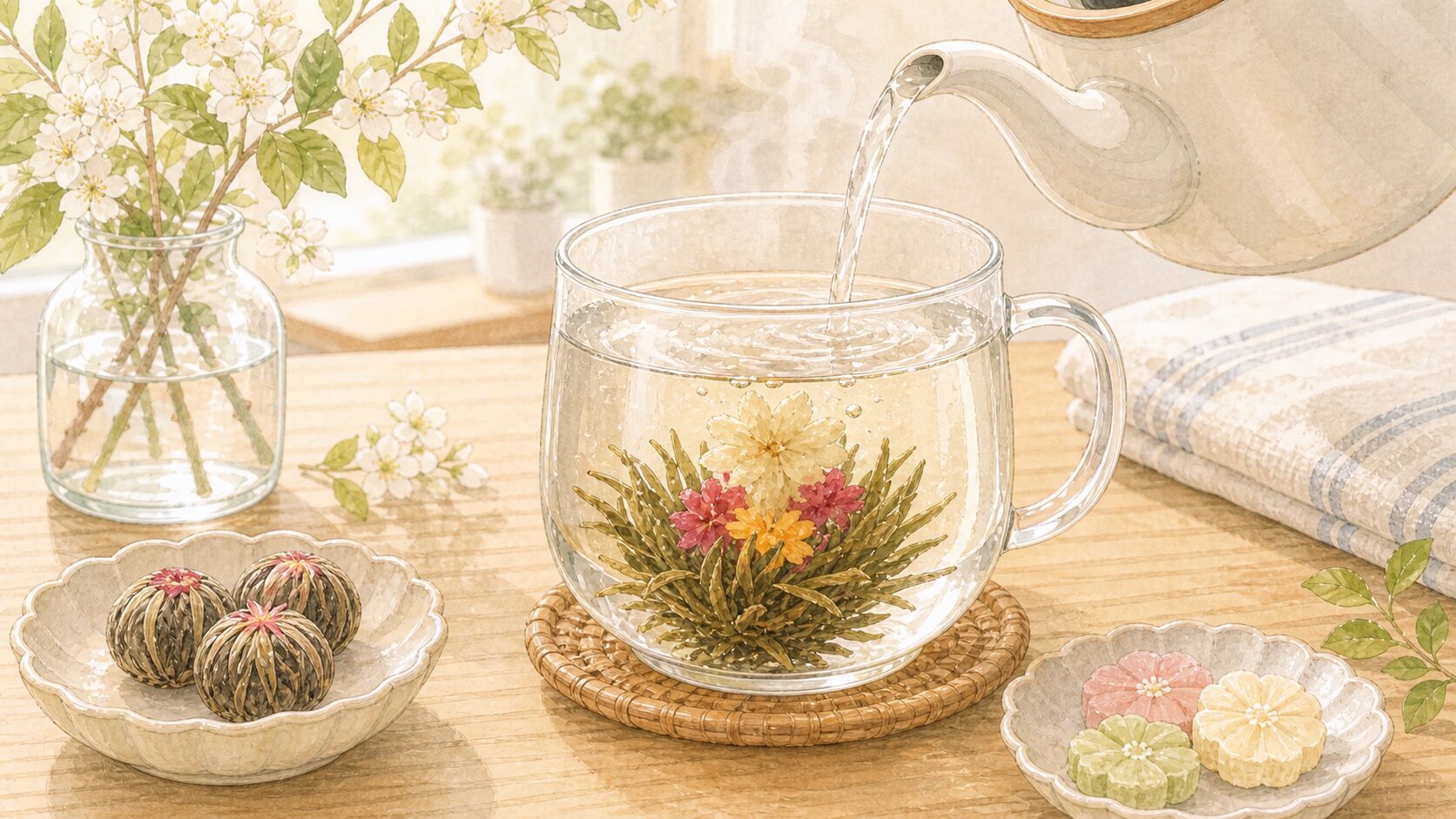 耐熱ポットへ工芸茶とお湯を入れるイメージイラスト