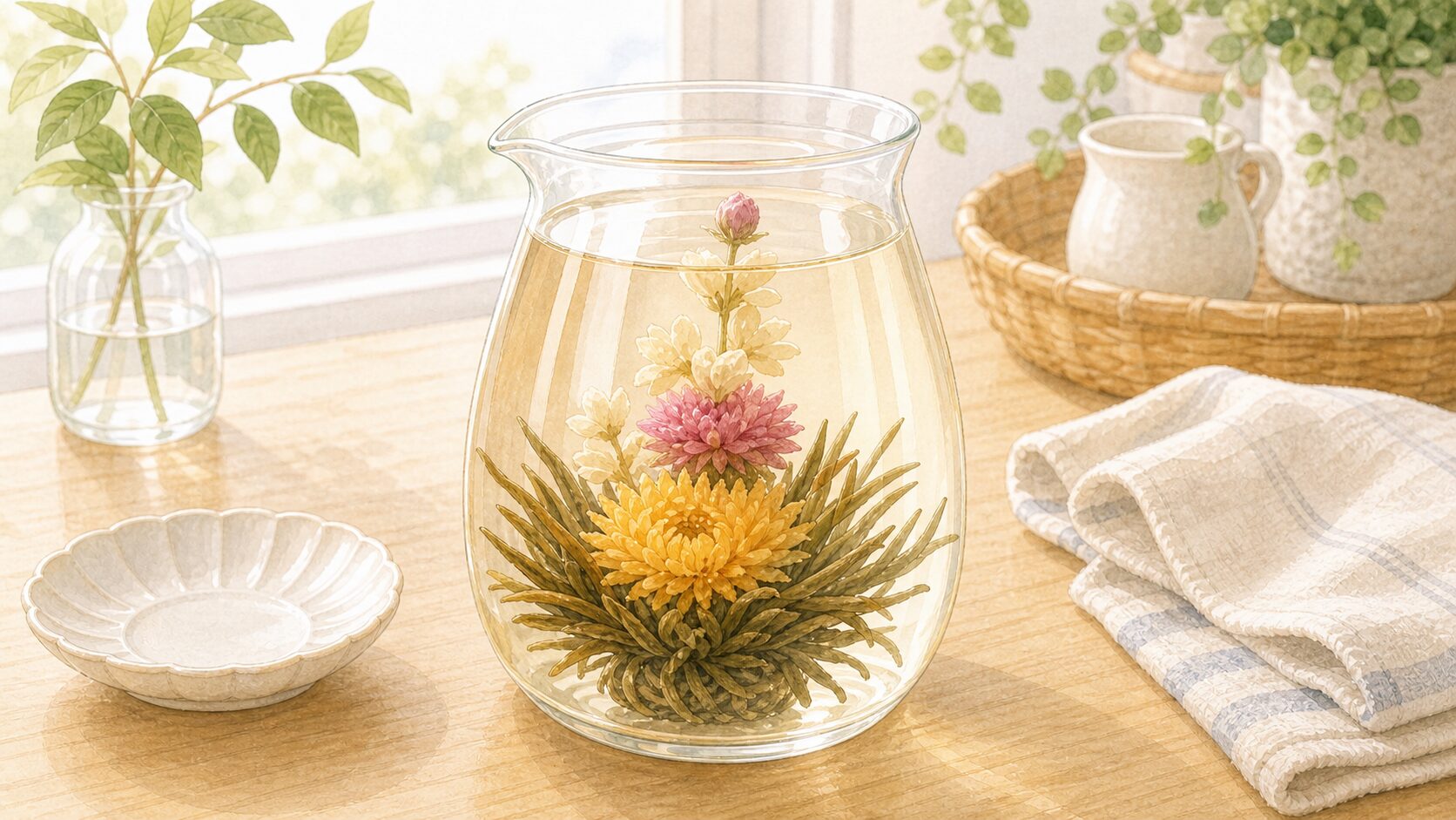 飲み終えた工芸茶を短時間眺めるイメージイラスト