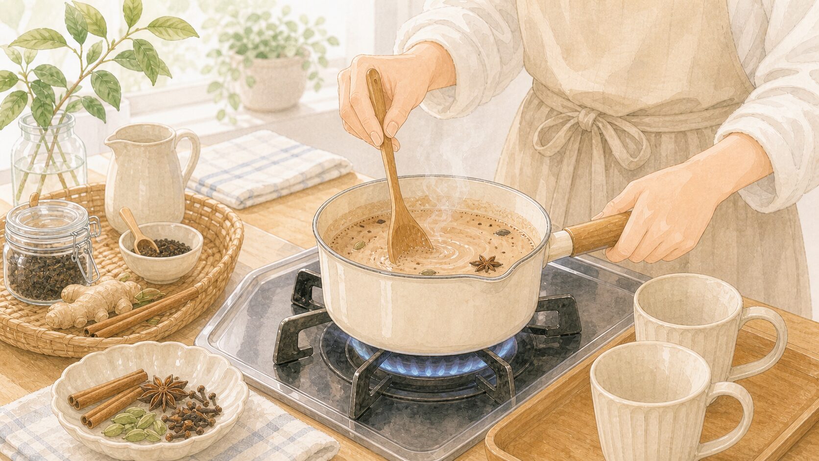 小鍋のチャイを見ながら火加減を調整するイメージイラスト