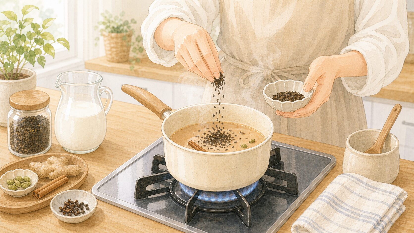 小鍋でチャイを作る手順のイメージイラスト