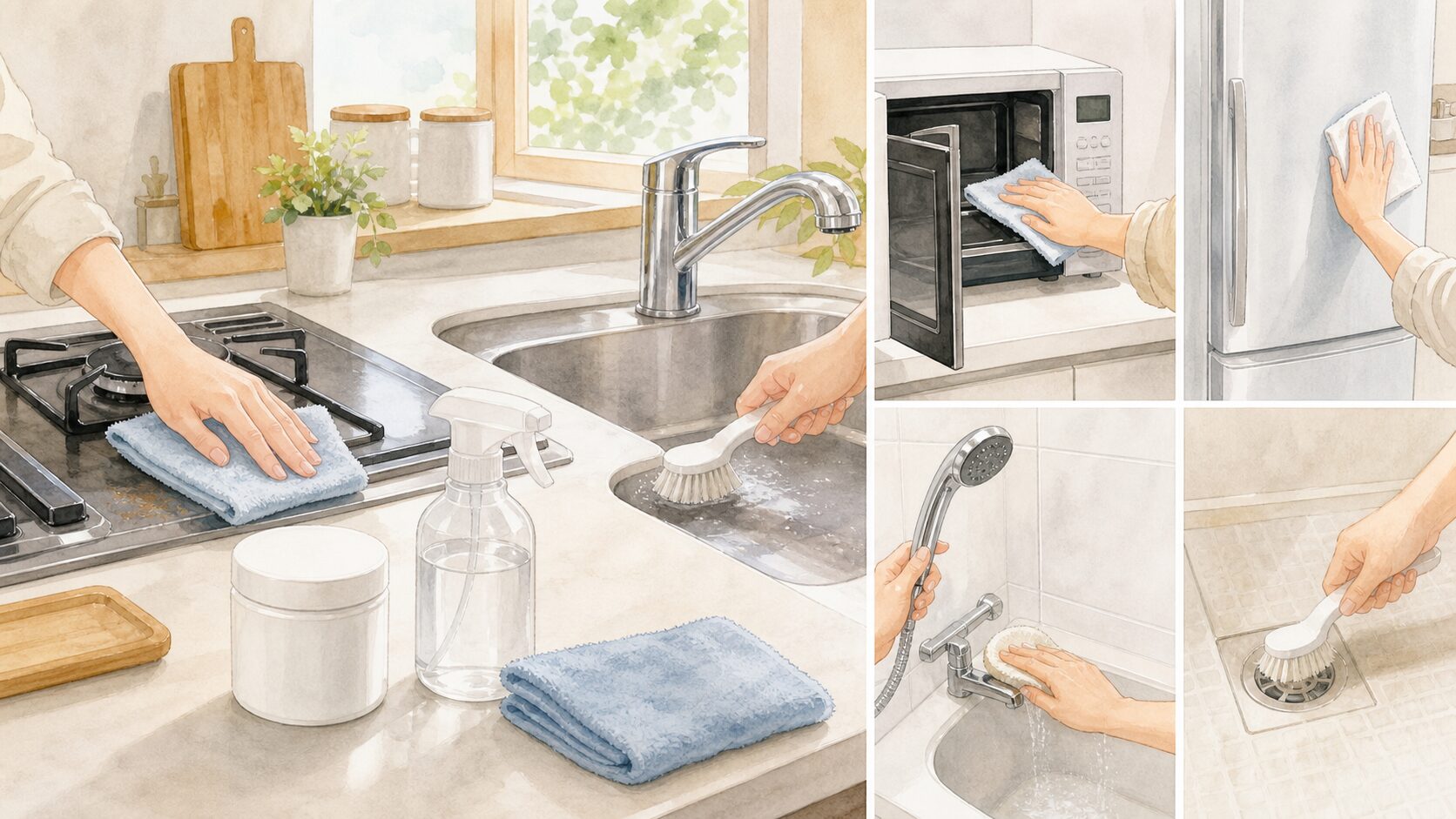 コンロやシンク、電子レンジなど場所別に重曹掃除をするイラスト