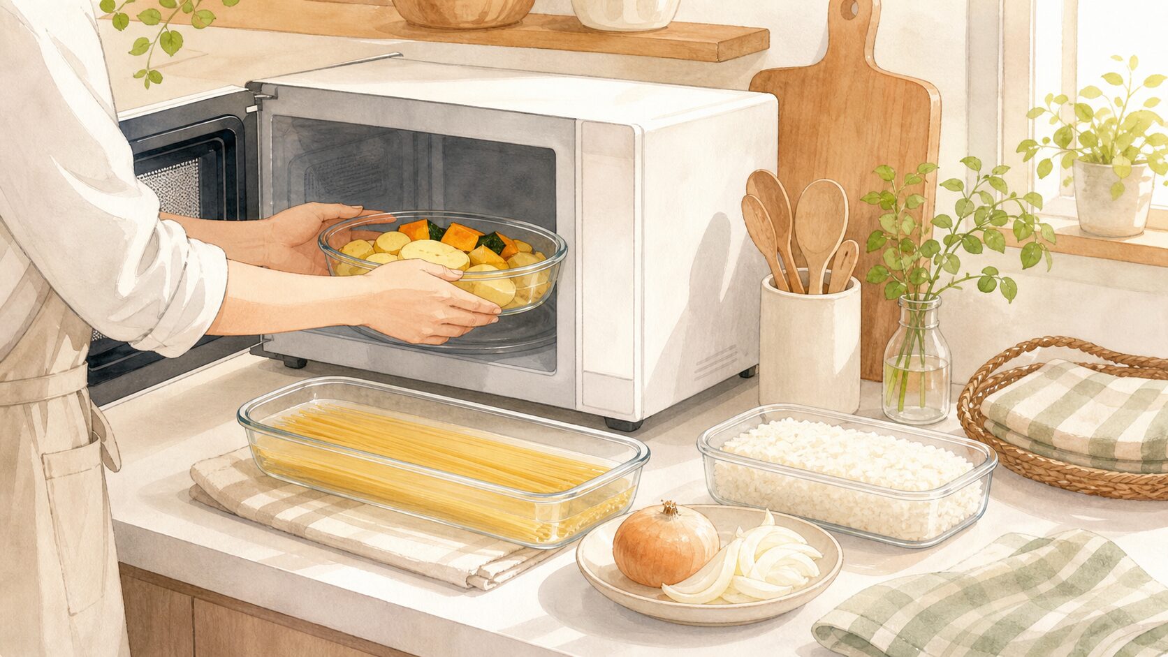 じゃがいもやかぼちゃを耐熱皿に入れて電子レンジ調理するイラスト
