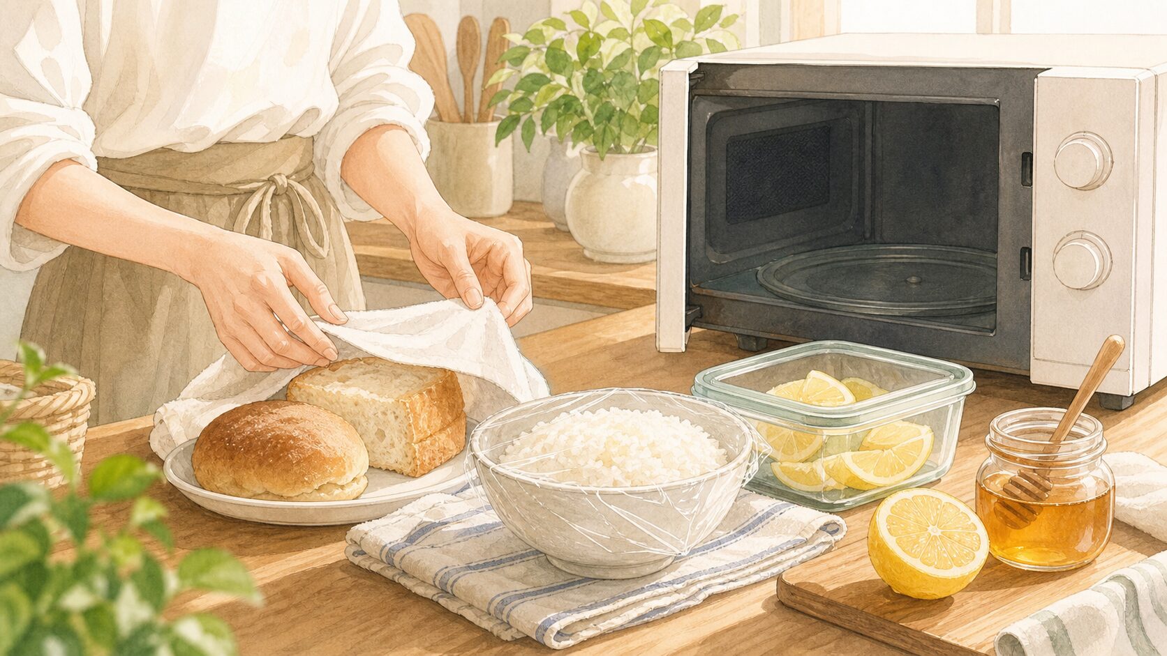 固くなったパンや冷凍ご飯を電子レンジで温め直す準備のイラスト