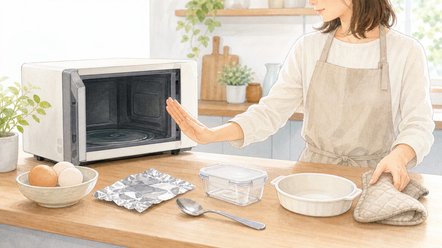 電子レンジの前で卵やアルミホイル、密閉容器を避けて耐熱皿を選ぶイラスト