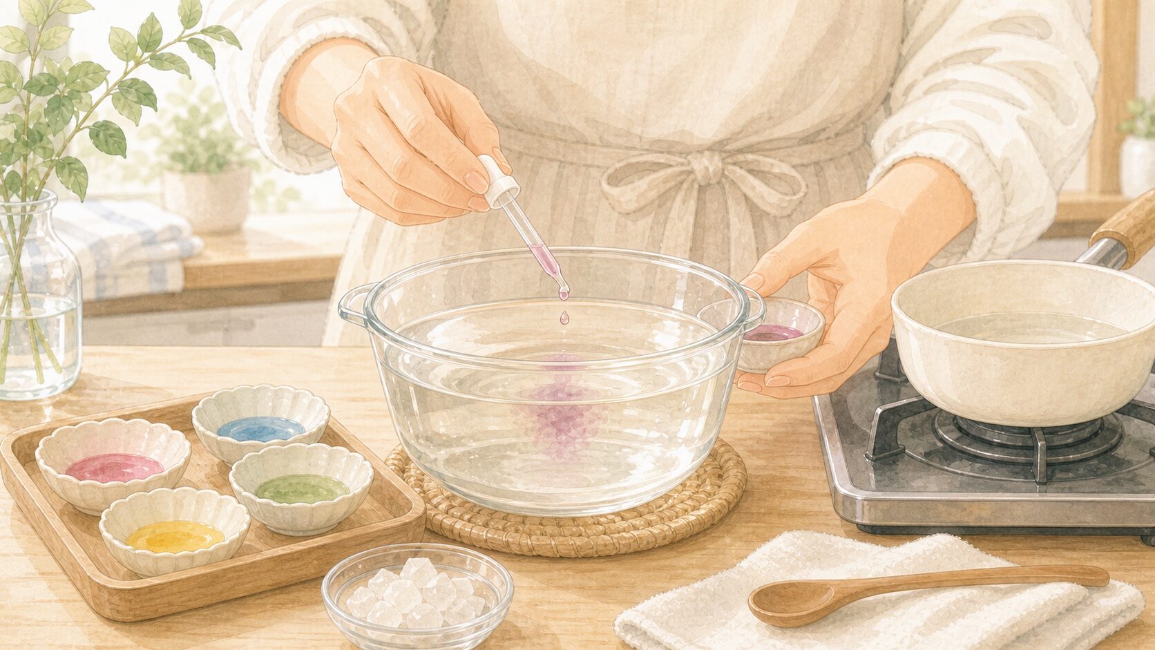 透明な寒天液へ少量の色を加えるイメージイラスト