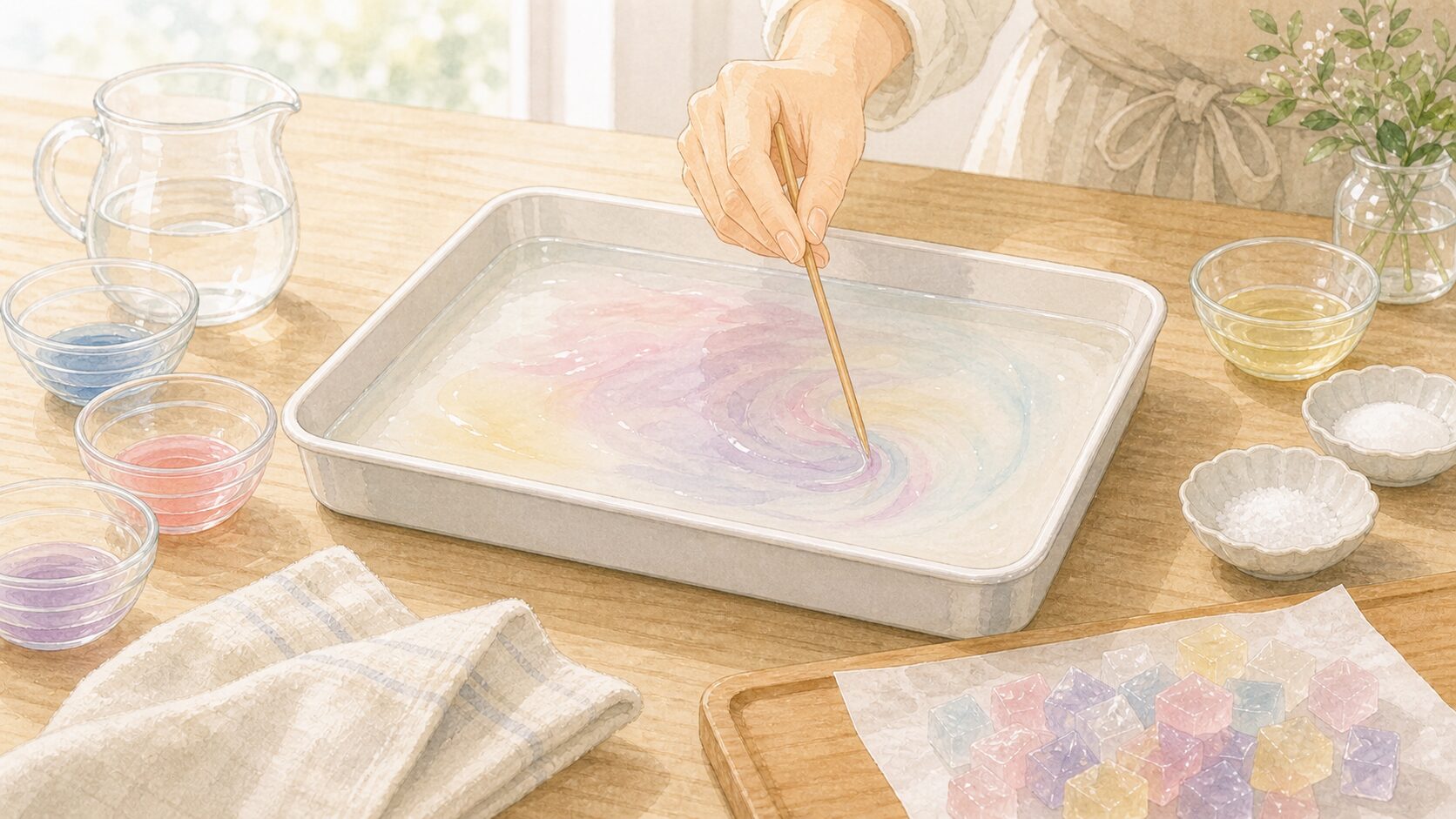 寒天液に淡い色の筋を残してグラデーションを作るイメージイラスト