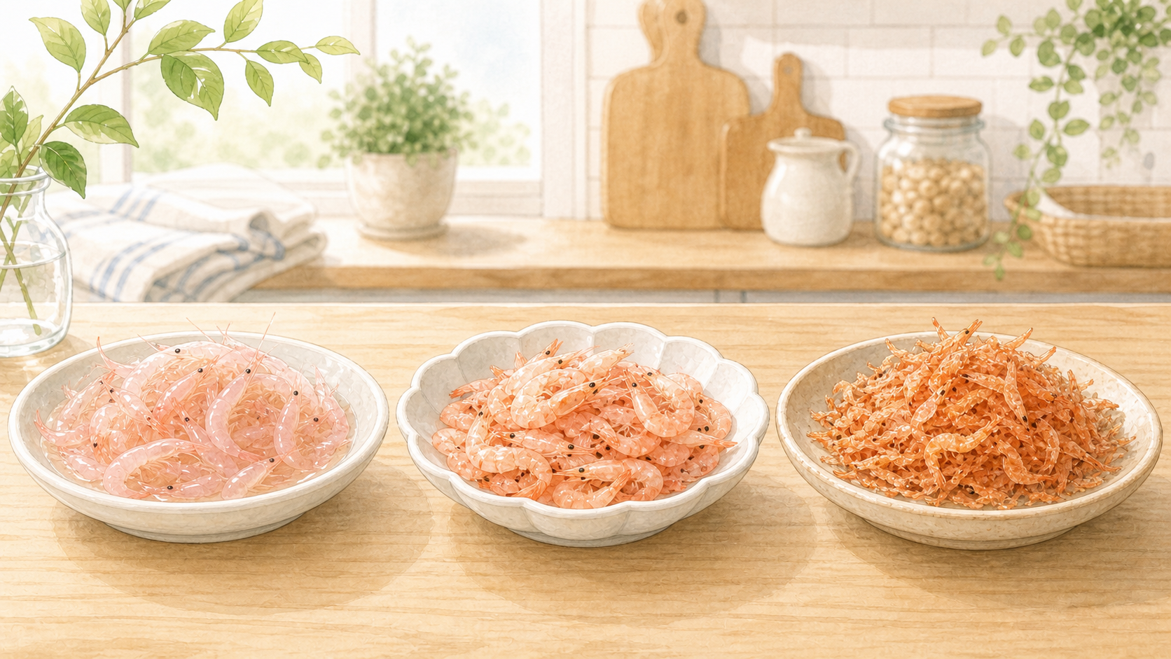 生・釜揚げ・素干しの桜エビを描いたイメージイラスト