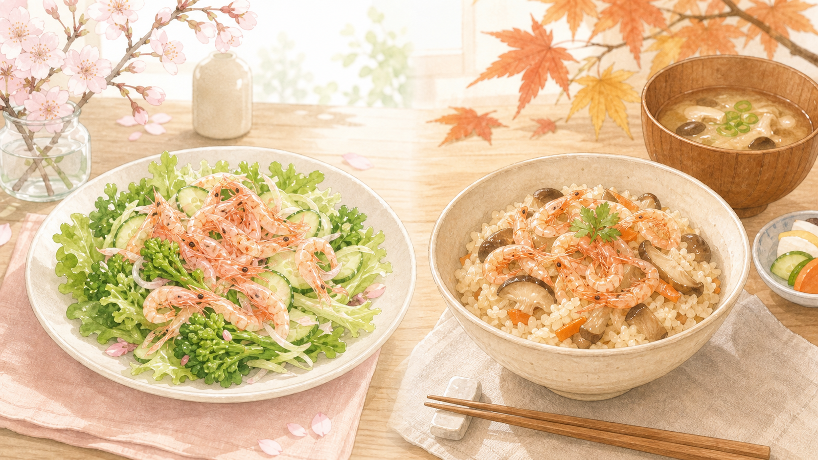 春の桜エビ料理と秋の桜エビ料理を並べたイメージイラスト