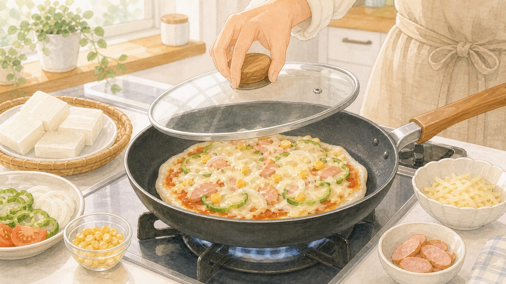 フライパンでもちピザを焼くイメージイラスト
