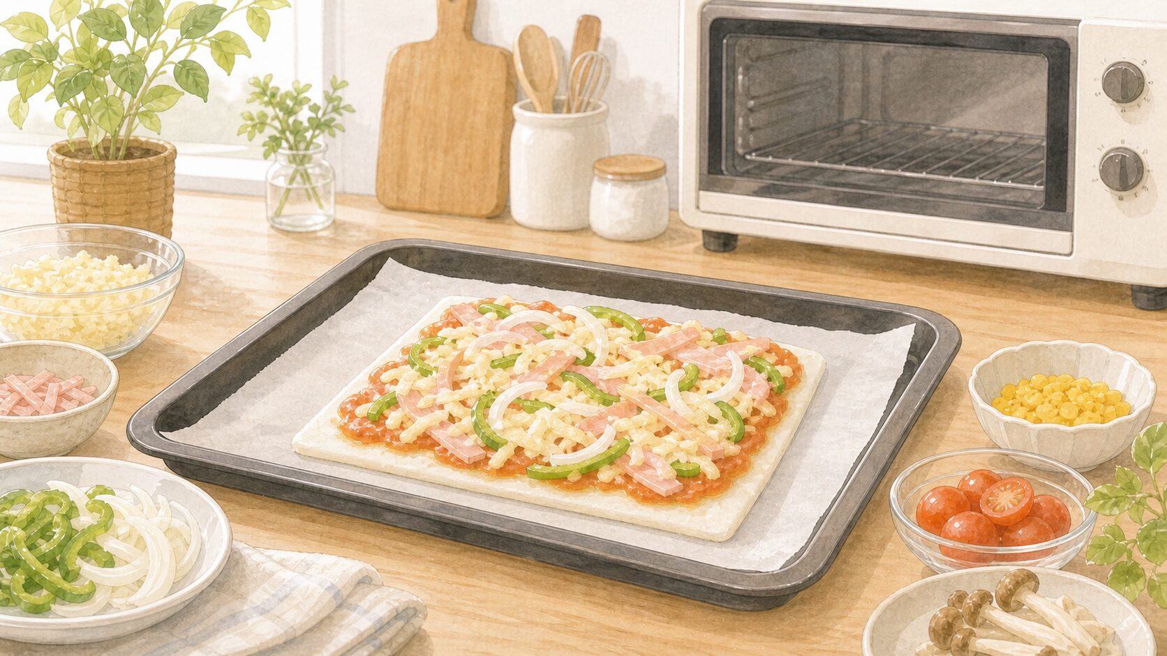 天板でもちピザを焼く準備のイメージイラスト