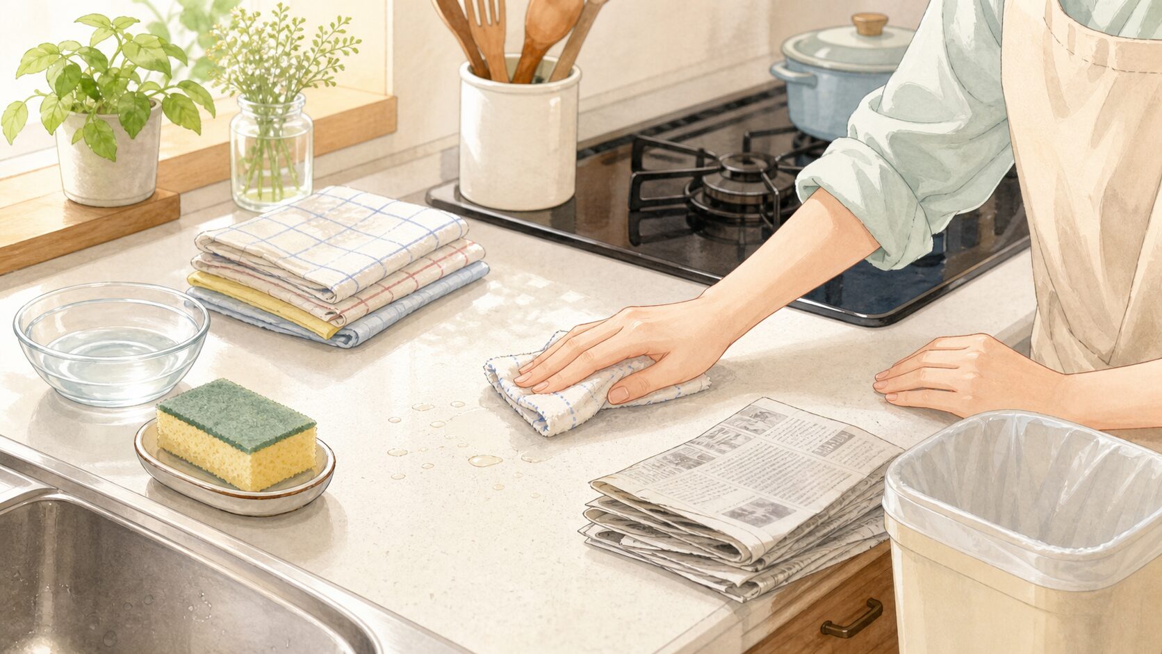 古布や新聞紙を使ってキッチンを掃除するイラスト