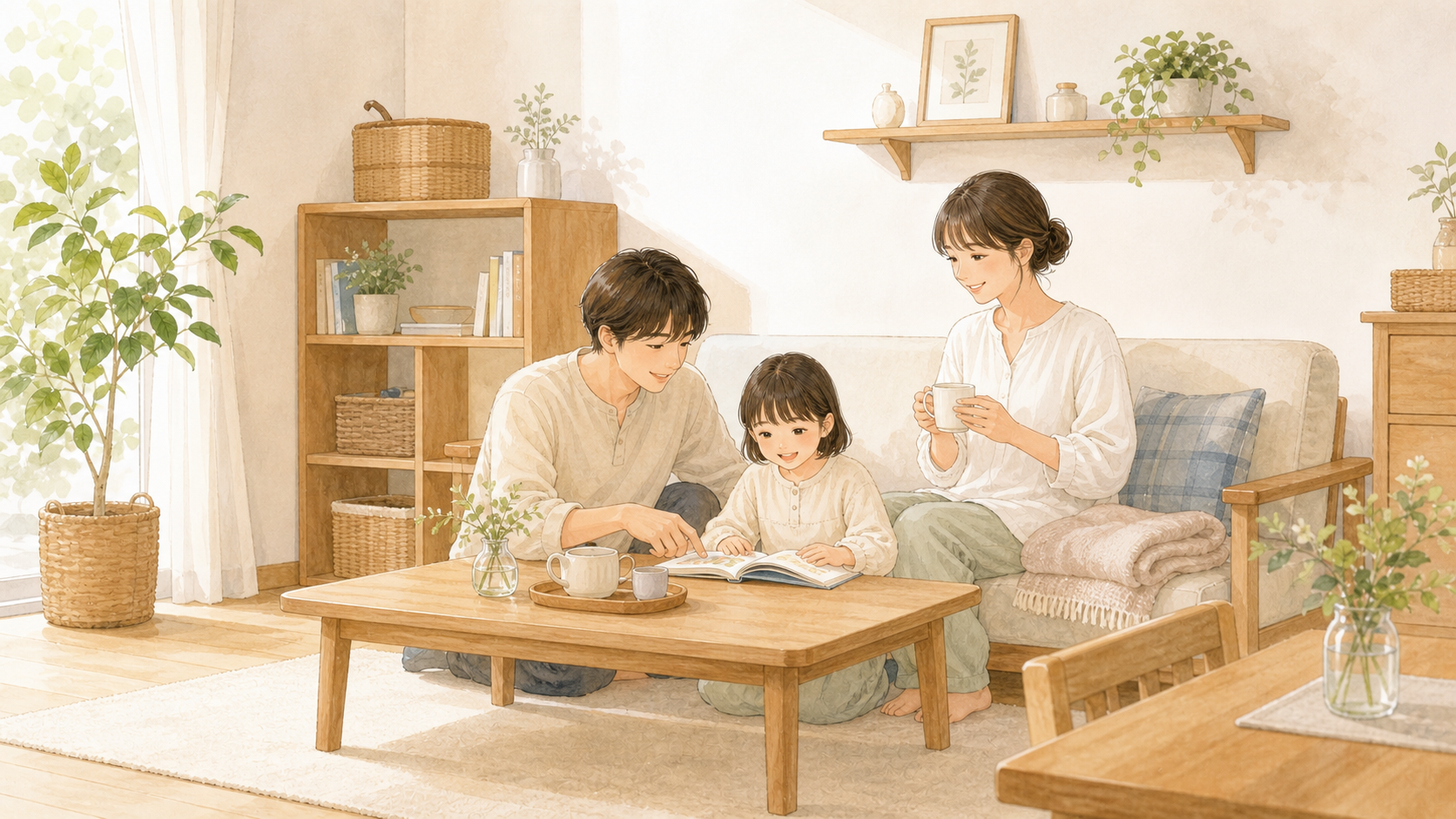 家族で過ごす整った明るいリビングのシンプルライフのイラスト
