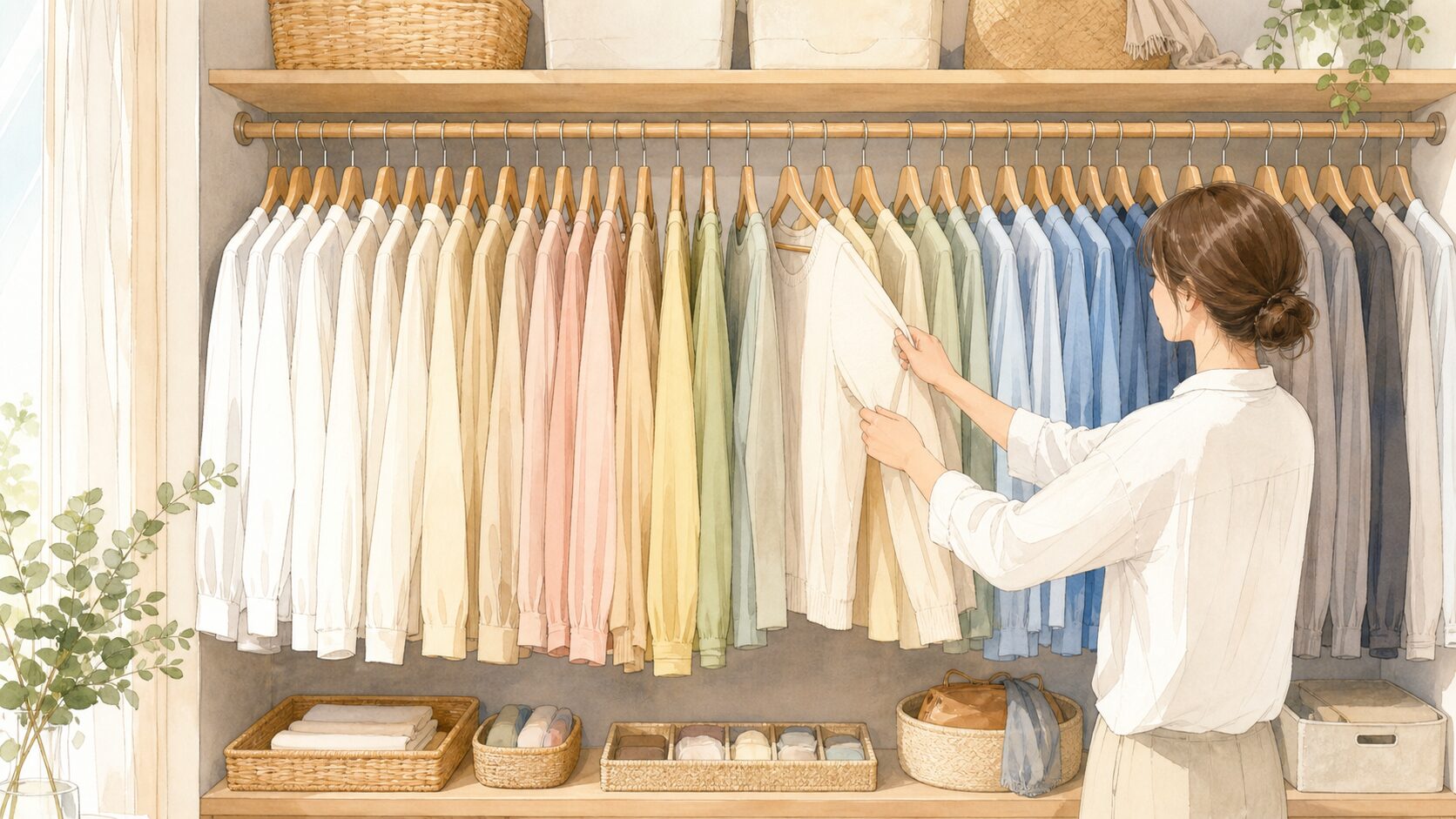 色別に並べた服とそろったハンガーのクローゼット収納イラスト