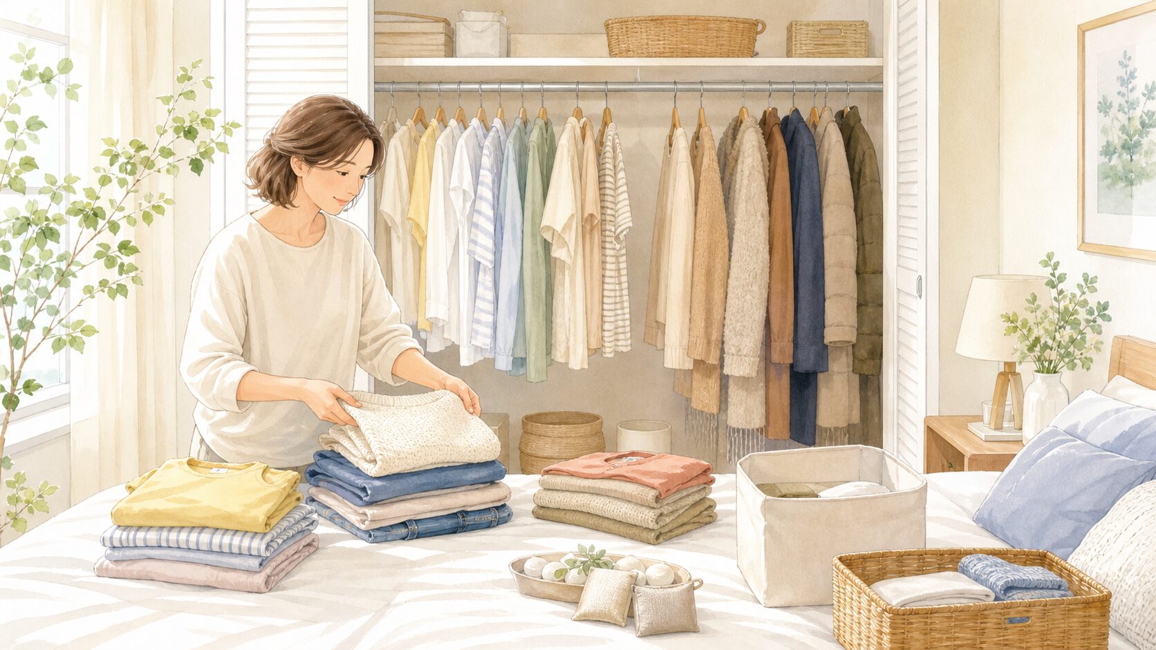 衣替えで季節の服を見直して畳むイラスト