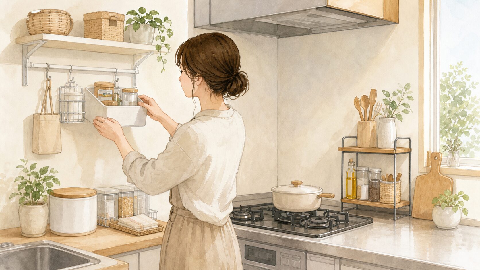 賃貸キッチンで壁やコンロ周りの安全に配慮して収納を整えるイラスト